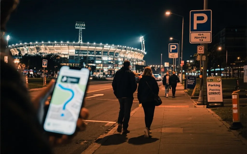 手机导航界面与人群步行导向牌同框的城市夜景比赛日氛围