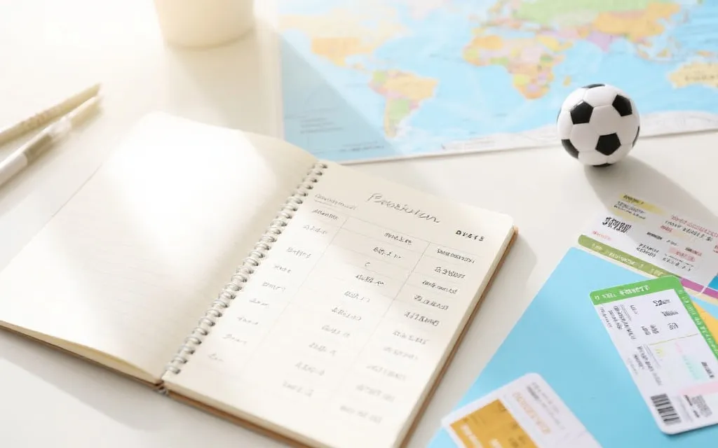 旅行预算规划桌面场景：笔记本、地图、车票与足球元素，适合世界杯加拿大看球省钱攻略